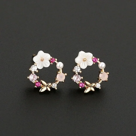 925 Rose Gold Wreath Pink Diamanté White Flower Butterfly Stud Earrings - Picture 2 of 5